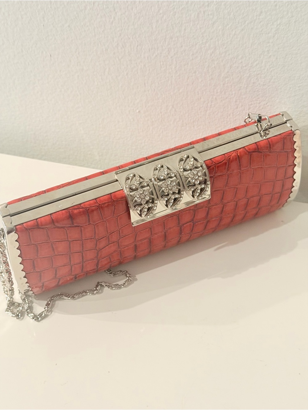 Coral Embossed Croc Clutch with Silver Crystal Accent